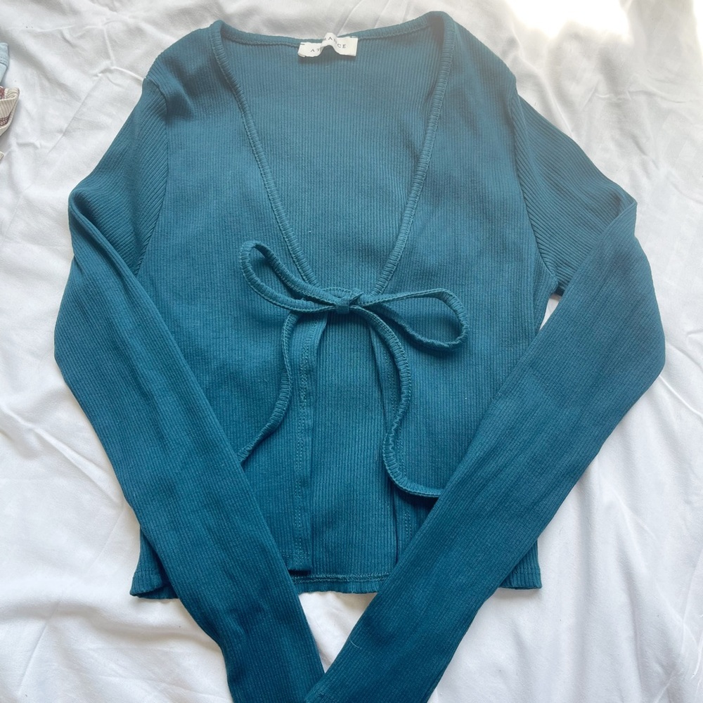 Teal, Tie Long Sleeve Shirt / Medium